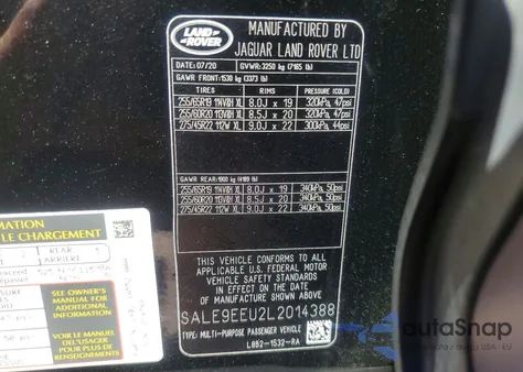 2020 Land Rover Defender 110 Hse z USA, uszkodzony, nr VIN SALE9EEU2L2014388